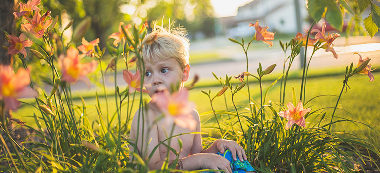 Child sitting near daylilies