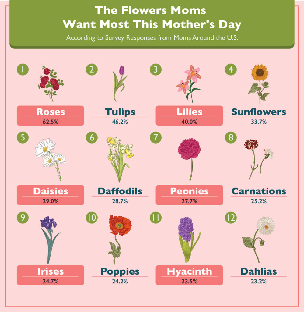 A graphic representation of the flowers moms want this Mother’s Day